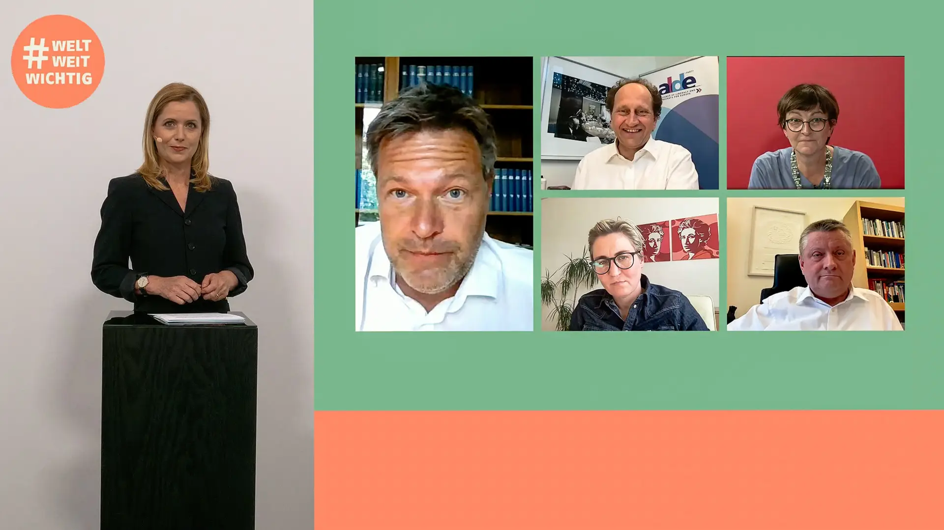 Hybride Veranstaltung Moderatorin im Studio Picture in picture zugeschaltet fünf Personen darunter Herr Habeck